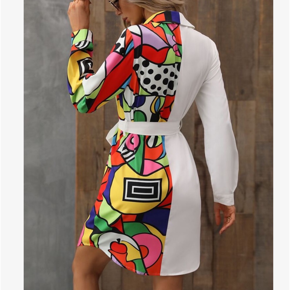 Elegant Abstract Geo Pop Art Print Long Sleeve Belted Button Down Shirt Dress - Picture 2 of 12
